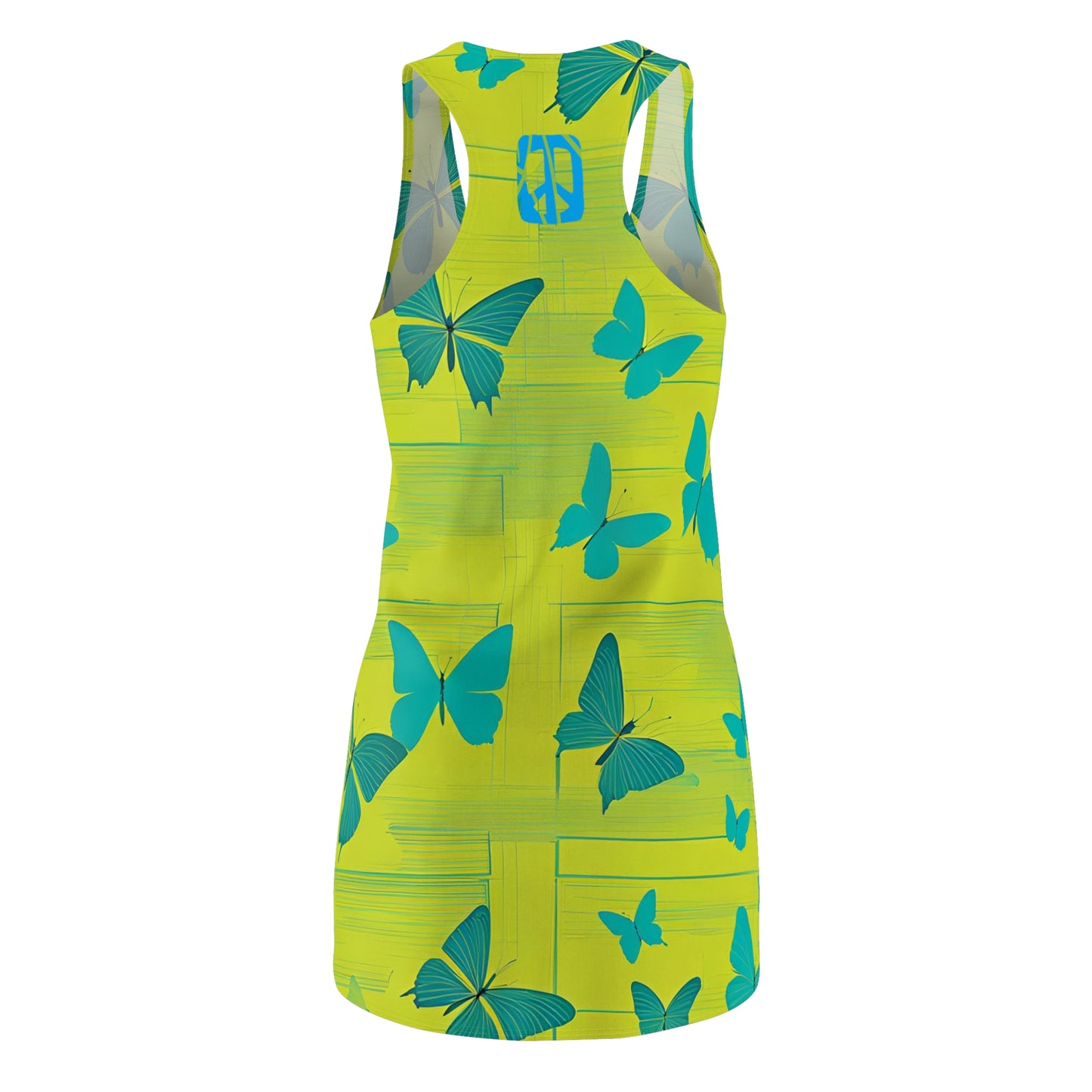 Transformative Peace Butterflies Racerback Sleeveless Slip Dress, Chartreuse Spring Dress, Chartreuse Dress with Turquoise Butterflies