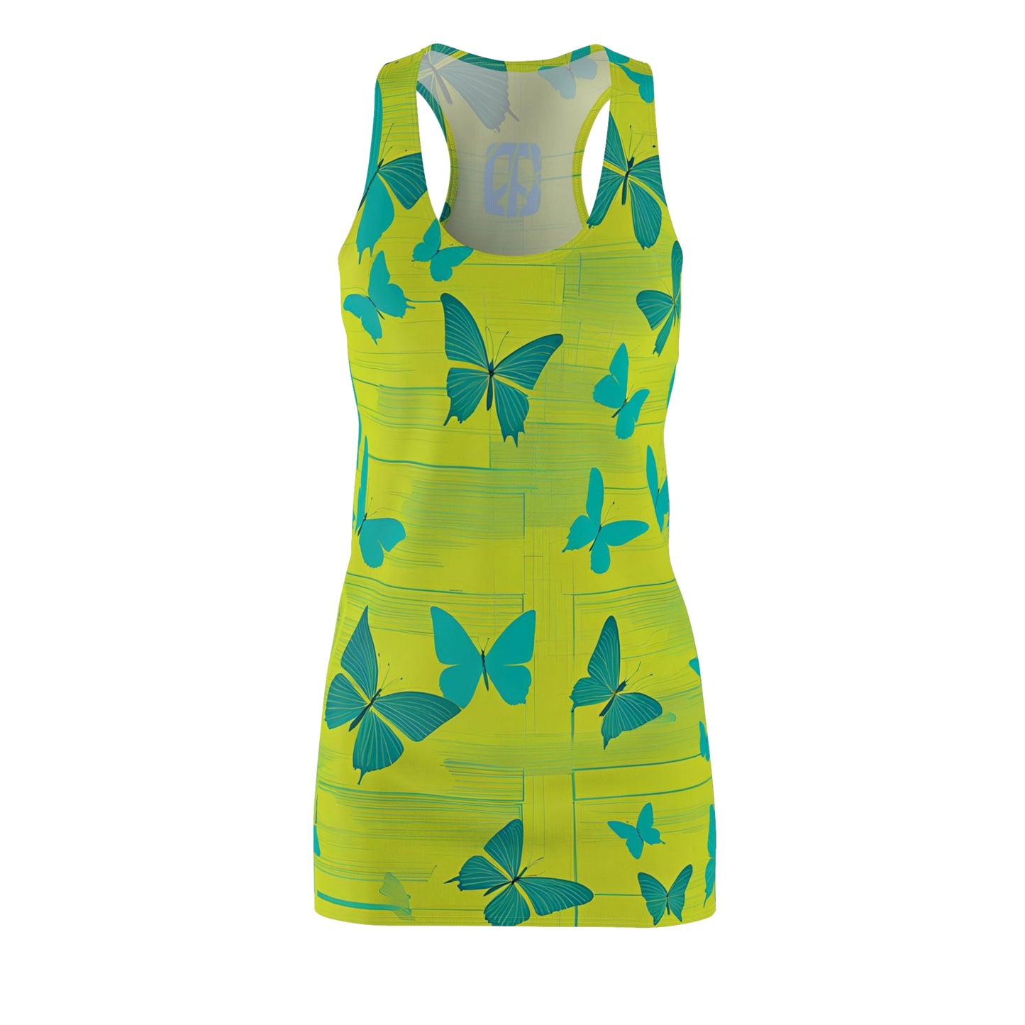 Transformative Peace Butterflies Racerback Sleeveless Slip Dress, Chartreuse Spring Dress, Chartreuse Dress with Turquoise Butterflies