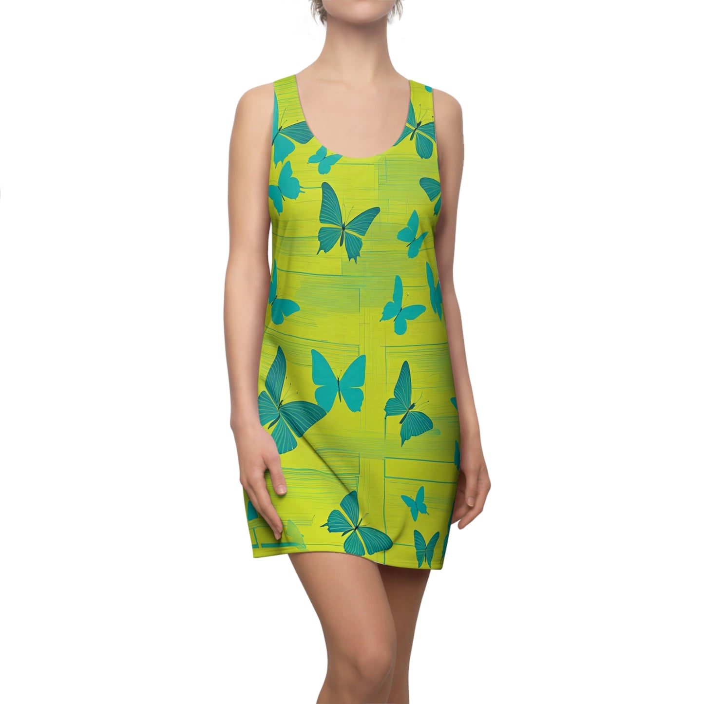 Transformative Peace Butterflies Racerback Sleeveless Slip Dress, Chartreuse Spring Dress, Chartreuse Dress with Turquoise Butterflies