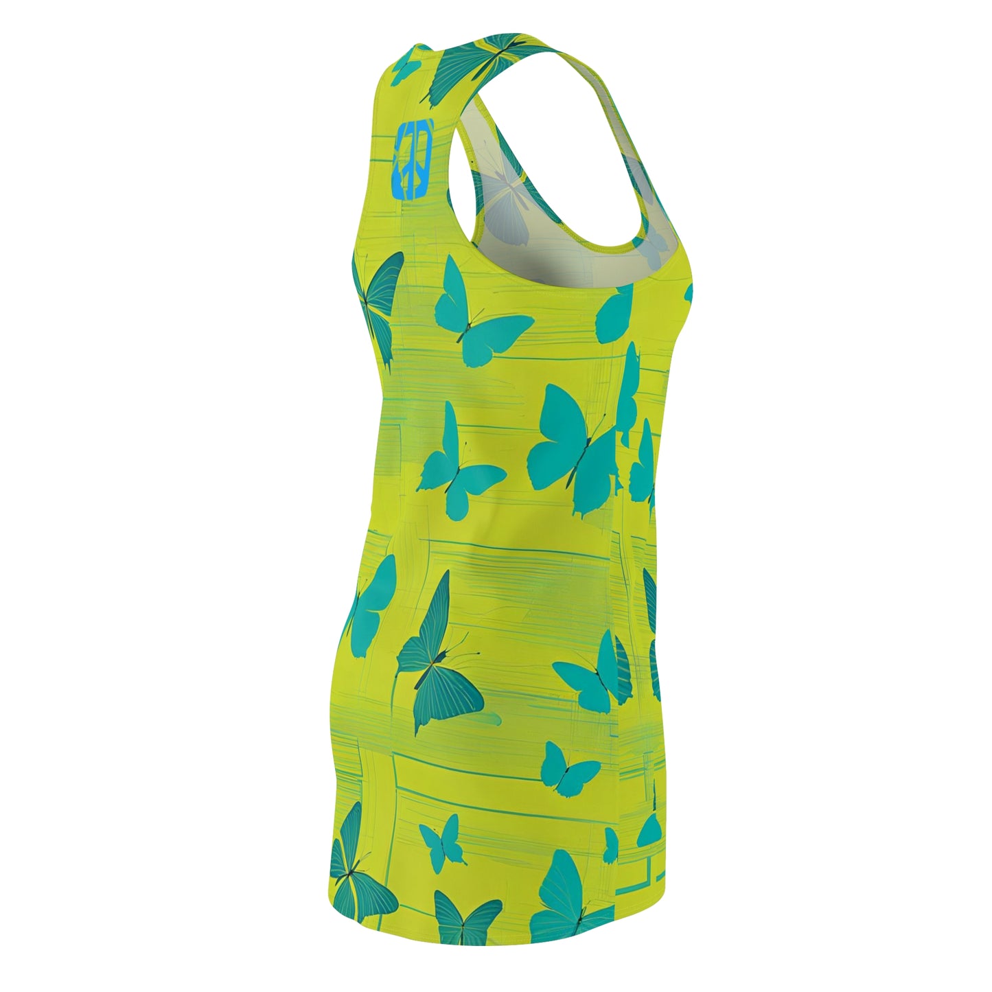 Transformative Peace Butterflies Racerback Sleeveless Slip Dress, Chartreuse Spring Dress, Chartreuse Dress with Turquoise Butterflies