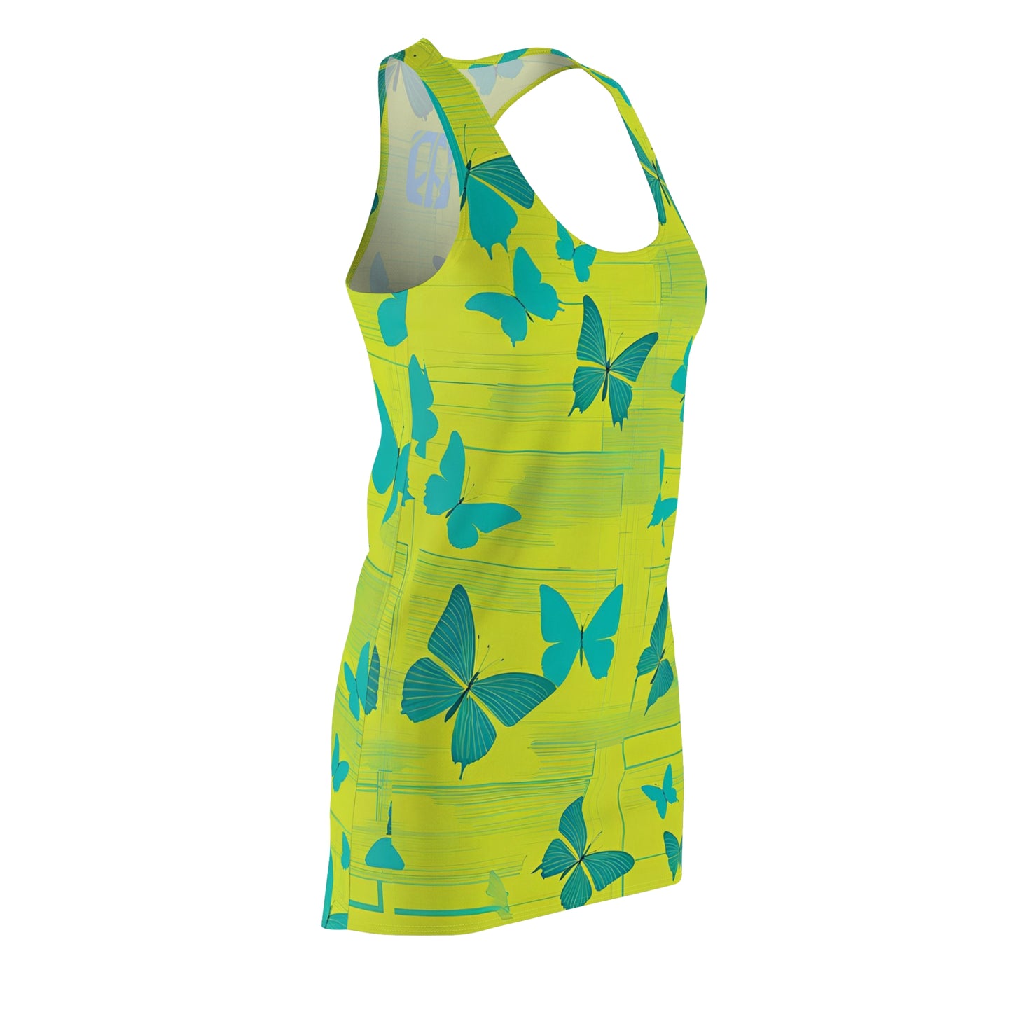 Transformative Peace Butterflies Racerback Sleeveless Slip Dress, Chartreuse Spring Dress, Chartreuse Dress with Turquoise Butterflies
