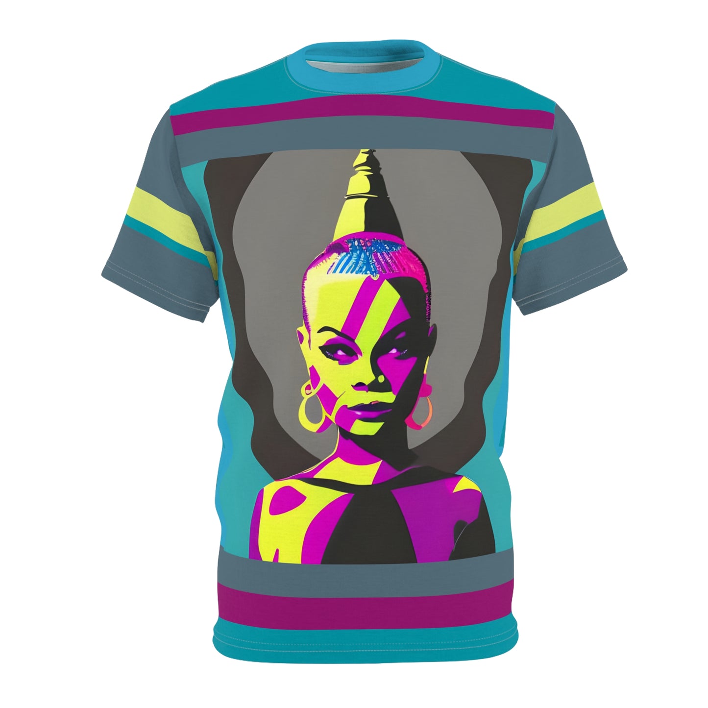 Pop Art African Female Buddha Unisex Pull-Over Shirt, Black Woman Buddha Chartreuse Purple Turquoise Pop-Art Woman Buddha Crew-Neck Top