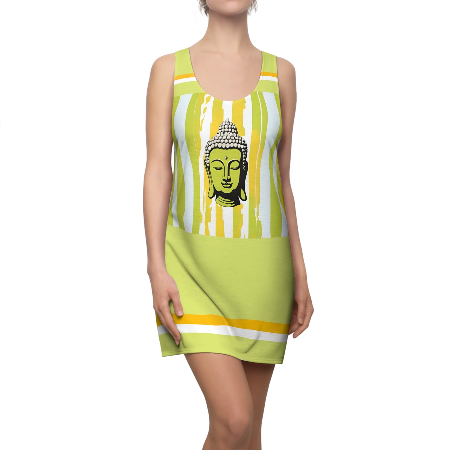 Zen Pop Art Buddha on Stripes Racerback Sleeveless Dress