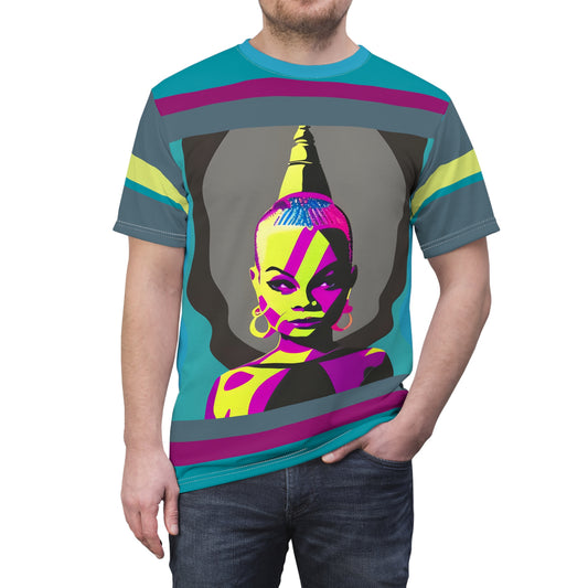 Pop Art African Female Buddha Unisex Pull-Over Shirt, Black Woman Buddha Chartreuse Purple Turquoise Pop-Art Woman Buddha Crew-Neck Top