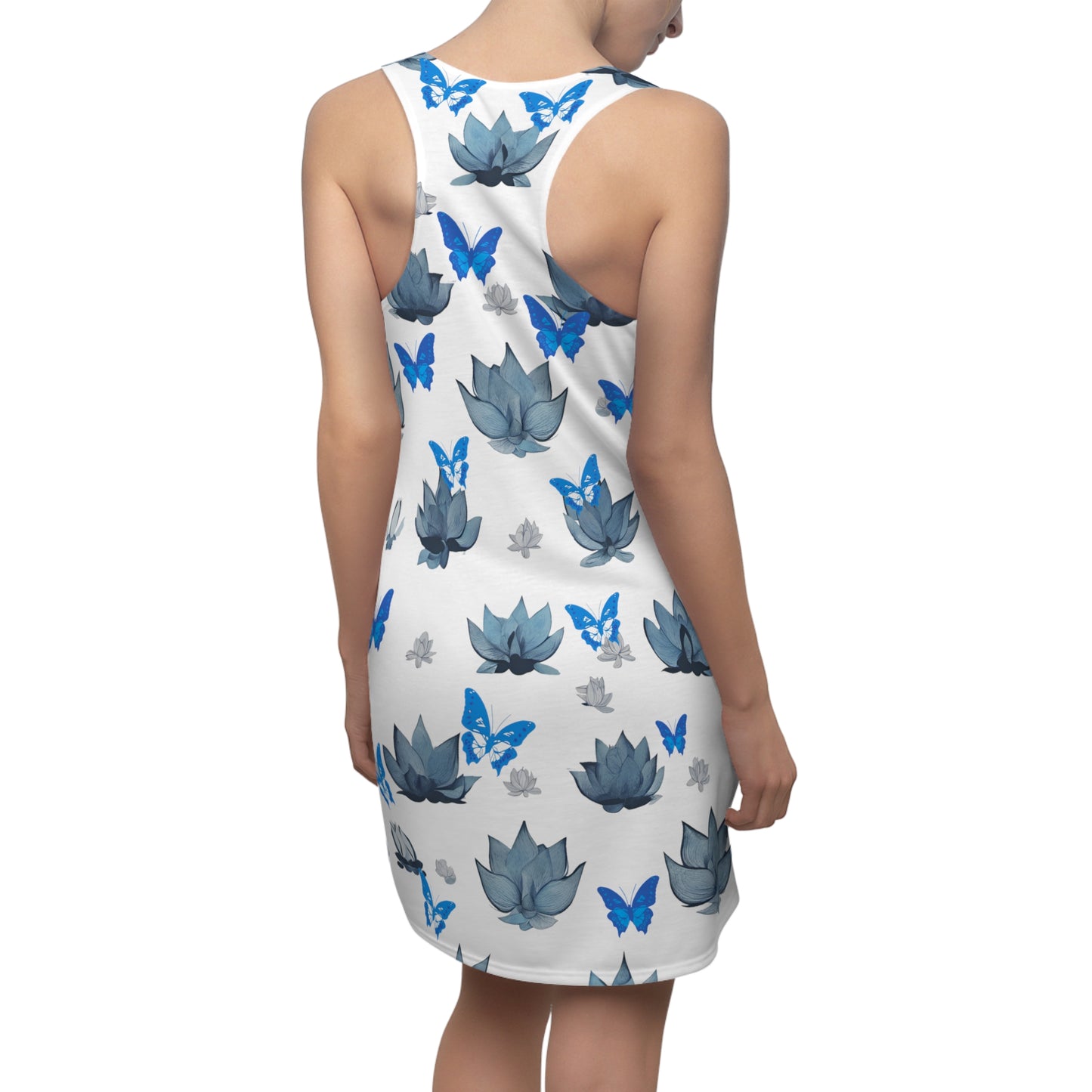 Zen Blue Lotus Buddha with Butterflies Sleeveless Racerback Dress