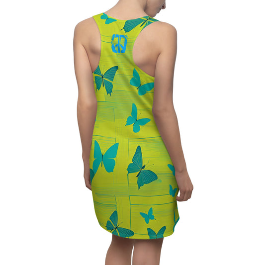 Transformative Peace Butterflies Racerback Sleeveless Slip Dress, Chartreuse Spring Dress, Chartreuse Dress with Turquoise Butterflies