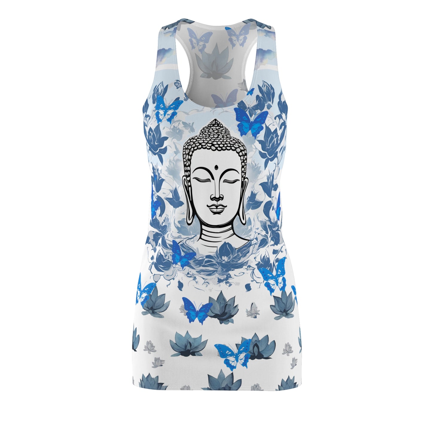 Zen Blue Lotus Buddha with Butterflies Sleeveless Racerback Dress