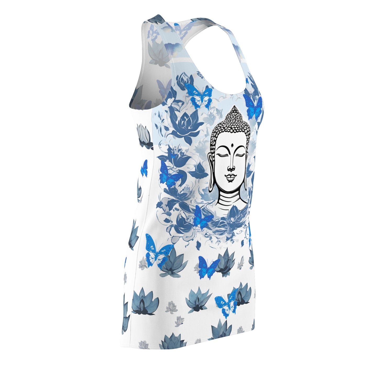 Zen Blue Lotus Buddha with Butterflies Sleeveless Racerback Dress