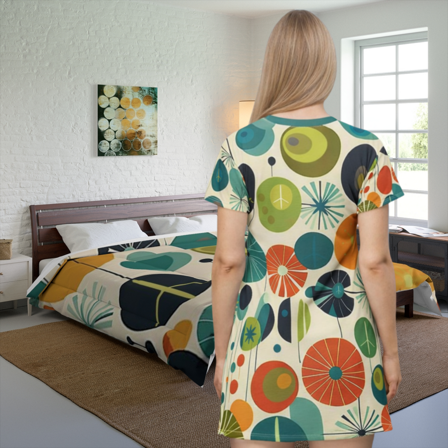 Mid Century Modern Style Atomic Dress, Retro Mod Tunic Dress, MCM Geometric Circle Dress, Palm Springs Style Mini Dress, Peace Sign Dress