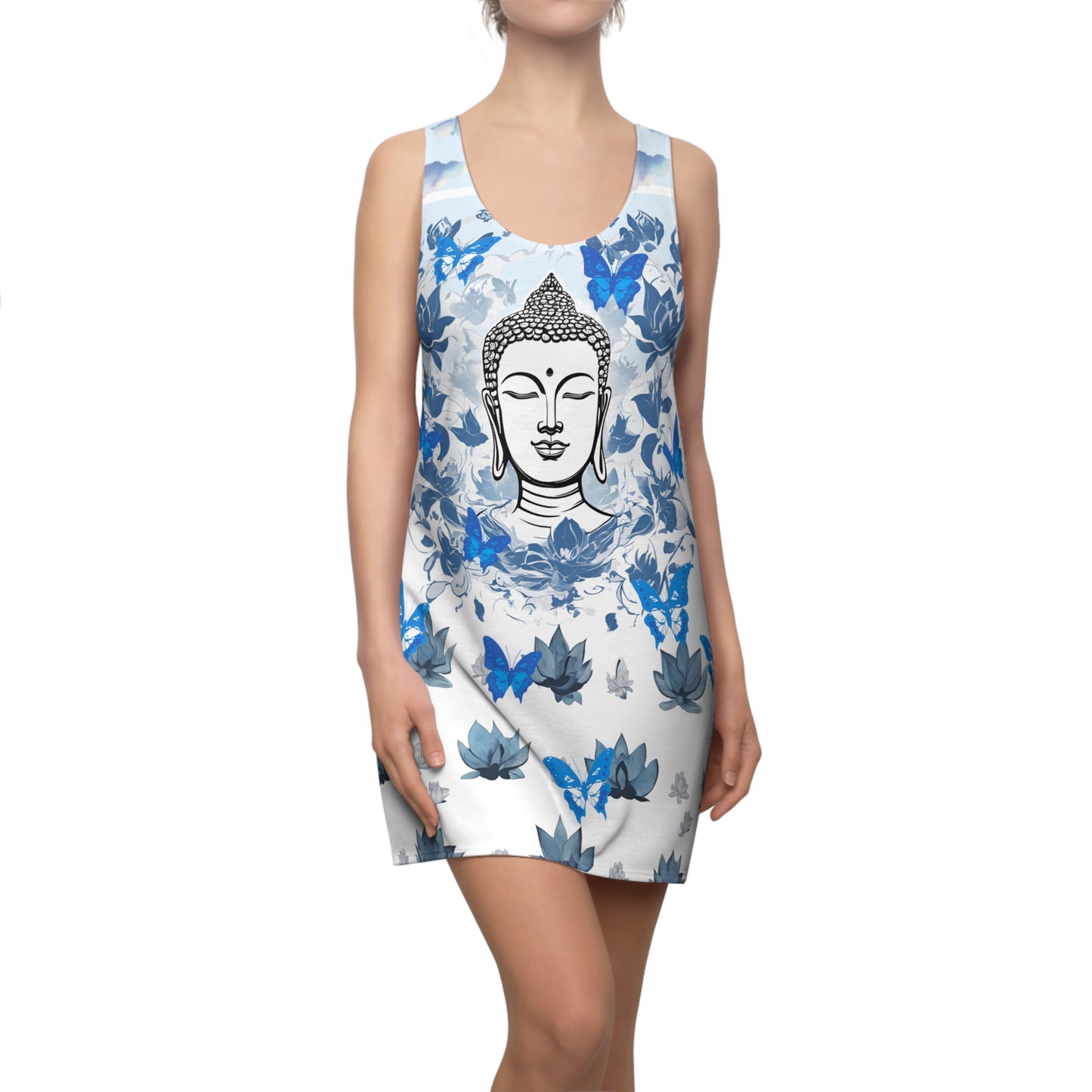 Zen Blue Lotus Buddha with Butterflies Sleeveless Racerback Dress