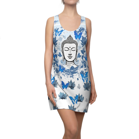 Zen Blue Lotus Buddha with Butterflies Sleeveless Racerback Dress