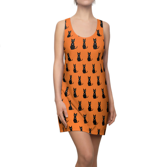 Black Cat with Square Peace Collar Racerback Dress for Halloween